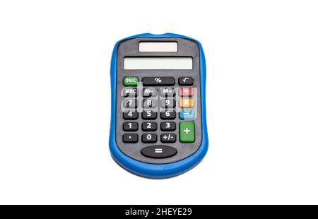Calculator blue color with blank display isolated cutout on white background. Account, tax calculate Stock Photo