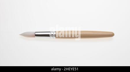 Paint brush new clean with wooden handle isolated cutout on white background. Painter professional equipment Stock Photo