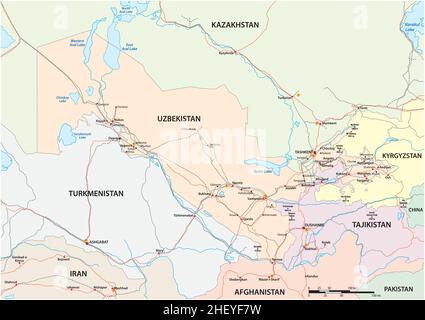 Roads and railways map of the Asian state of Uzbekistan Stock Vector