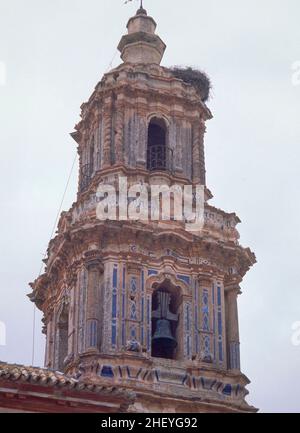 TORRE - FOTO AÑOS 80. Location: IGLESIA PARROQUIAL. MANZANILLA. Huelva. SPAIN. Stock Photo