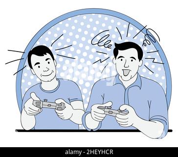 Two players playing video games at home, holding controllers. The younger against the older player. Vector and illustrations. Stock Vector