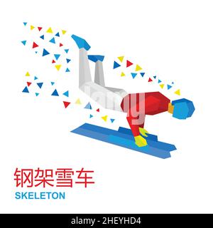 Winter sports - Skeleton. Cartoon sportsman in red and white jump on sled or bobsled. Stock Vector
