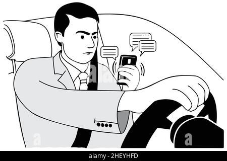 Man Typing Text Message On Mobile Phone While Driving Car. Dangerous driving while typing text message. Vector and illustration. Stock Vector