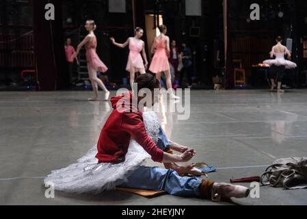 A Russian ballet dancer is preparing before the show. Bashkir State Opera and Ballet Theatre (Ufa) Stock Photo