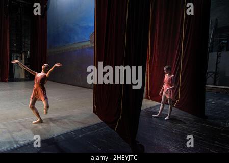 Two Russian ballet dancers are preparing for the show. Bashkir State Opera and Ballet Theatre (Ufa) Stock Photo