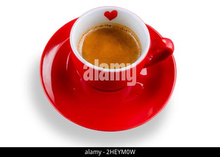 red cup of coffee espresso with little heart isolated on a white background, clipping path Stock Photo