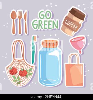 go green seven icons Stock Vector