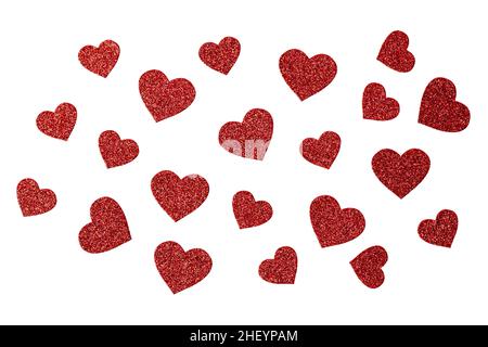 Saint Valentine day ornament decorations with glitter red hearts, pattern isolated on white Stock Photo