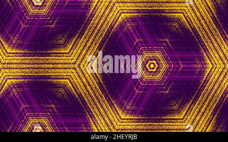 Seamless abstract hexagonal textured pattern in violet and yellow colors. Symmetric geometric ornament for digital paper, textile printing, wallpaper background design. Vector illustration. Stock Vector