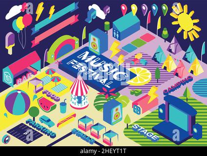 Summer music festival isometric background with people coming to open ...