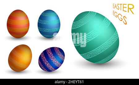 Festive set of Easter eggs. Realistic pearl shiny eggs decorated with ornates. 3d vector isolated on white background Stock Vector