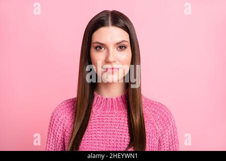 Photo of shiny sweet young woman dressed knitted sweater smiling isolated pink color background Stock Photo