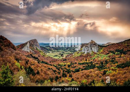 Beautiful autumn colours at the Roches Tuiliere et Sanadoire Col de Guery Auvergne France Stock Photo