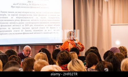 Audience listens to the speech of the lecturer in the conference hall Lutsk Ukraine 22.01.2019. Stock Photo