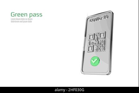 COVID-19 Green Pass QR-code 3D concept. Phone app screen health passport mobile app certificate. Safe travel coronavirus immunization poster vector Stock Vector