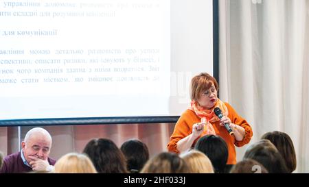 Audience listens to the speech of the lecturer in the conference hall Lutsk Ukraine 22.01.2019. Stock Photo