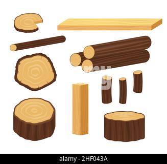 Planks from trees and different wood elements for production industry. Wooden plank material, log and trunk illustration. eps Stock Vector