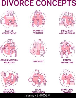Divorce pink concept icons set Stock Vector