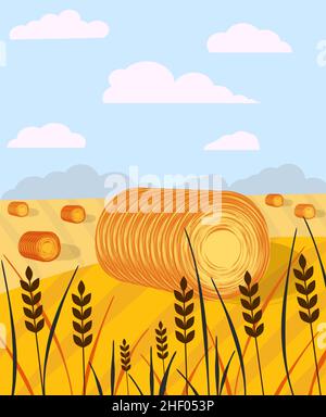 Countryside landscape with haystacks on fields. Rural area landscape. Hay bales. eps Stock Vector