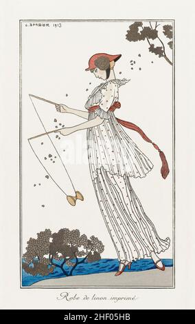 Costumes Parisiens Robe de linon imprimé from Journal des Dames et des Modes (1913) fashion illustration in high resolution by George Barbier