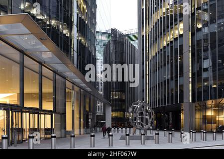 52 Lime Street and Willis Building - modern office developments glass facades at dusk, located in City of London UK. Stock Photo