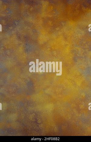 Conceptual abstract landscape painting on a rusty, weathered, and stained surface as a textured artistic background. Hand-painted backdrop. Stock Photo