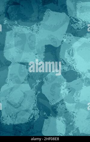 Wall with geometric shapes painted with different blue gradients forms an abstract artistic background with texture. Art and Design. Stock Photo