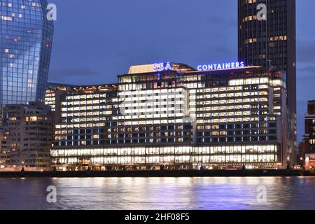 Sea Containers House with South Bank Tower and One Blackfriars modern skyscrapers illuminated at dusk, Southwark London UK. Stock Photo