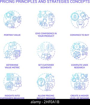 Pricing principles and strategies blue gradient concept icons set Stock Vector