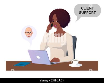 Woman Answering Call and Working on Computer, Illustration Concept For Support, Business and Call Center Stock Vector