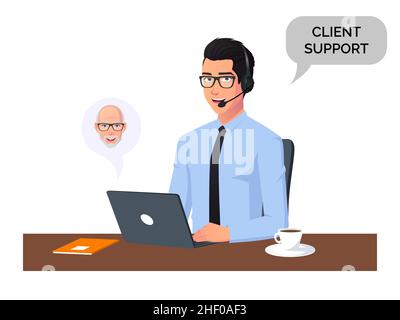 Customer Service Man with Headphones and Microphone with Laptop Illustration Concept for Support and Call center Stock Vector
