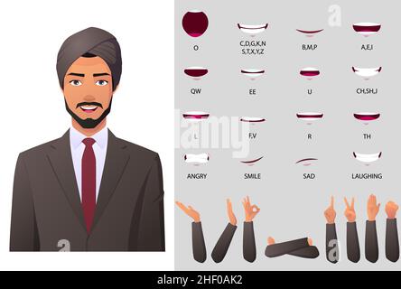 Indian Business Man Wearing Turban Mouth Animation and lip Sync Set with Hand Gestures Stock Vector