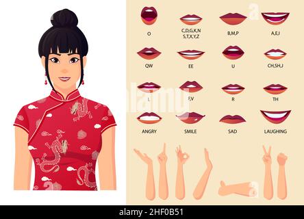Chinese Woman wearing Red Cheongsam Character Lip Animation, Hand Gestures And Face Expressions Stock Vector