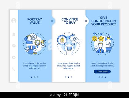 Good pricing strategy characteristics blue and white onboarding template Stock Vector