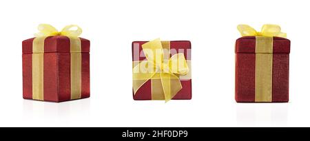 Red shiny box with yellow bow. Three angles. Straight, side, top view on white isolated background. Design element. Festive surprise Stock Photo