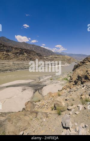 Nice View to the Dirty Water of Mountain River in Gilgit Baltistan Region, Pakistan Stock Photo