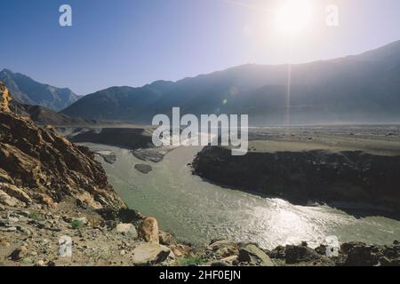 Nice View to the Dirty Water of Mountain River in Gilgit Baltistan Region, Pakistan Stock Photo