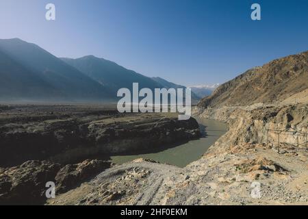 Nice View to the Dirty Water of Mountain River in Gilgit Baltistan Region, Pakistan Stock Photo