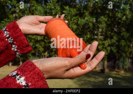 Female holding Kite phirki Manjha or kite spool thread reel in hand and flying kite at house celebrating Indian kite festival of Makar sankranti or Ut Stock Photo