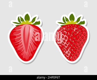 Stickers with strawberries. Red stickers with strawberry in trendy style. Vector drawing.Healthy food set. Logo, label. Stock Vector