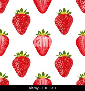Berries and slices of strawberries on a white background. Seamless vector background with red strawberries on white background.  Stock Vector