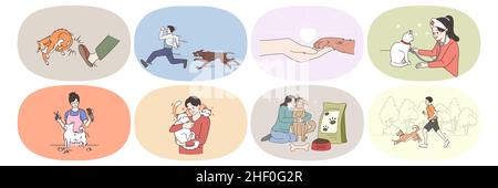 Set of diverse people with cats and dogs enjoy life with domestic animals. Collection of men and women take care of pets. Grooming and vet service concept. Flat vector illustration.  Stock Vector