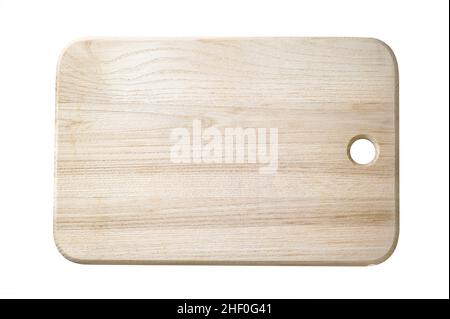 Wood beige cutting board isolated on white background. Handmade natural material cooking equipment. Top View. Stock Photo