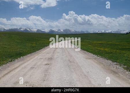 empty winding dirt road through green prairie heading to snow mountain on sunny day. In Xinjiang China Stock Photo