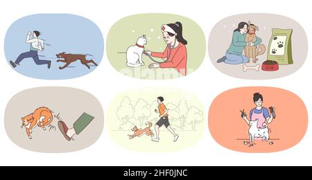 Set of diverse people take care of domestic animals play with cat and dog. Collection of happy pet owners show love to little friends. Vet and grooming service. Flat vector illustration.  Stock Vector