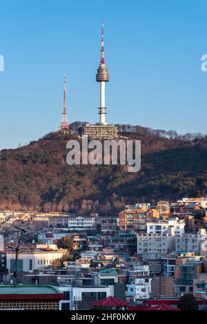 Itaewon district and Namsan Tower in Yongsan, Seoul, South Korea on January 13, 2021 Stock Photo