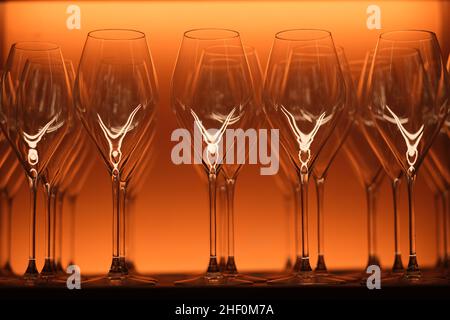 close up many empty drinking glasses in a row. celebration concept Stock Photo