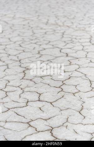 The cracked, white ground at the Bonneville Salt Flats is unreal. It looks like a scene from another planet. Stock Photo