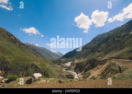 Beautiful View to the Pakistani Highland Gorge with the Mountain River in Gilgit Baltistan Stock Photo