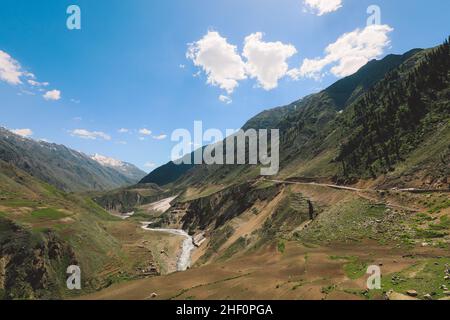 Beautiful View to the Pakistani Highland Gorge with the Mountain River in Gilgit Baltistan Stock Photo